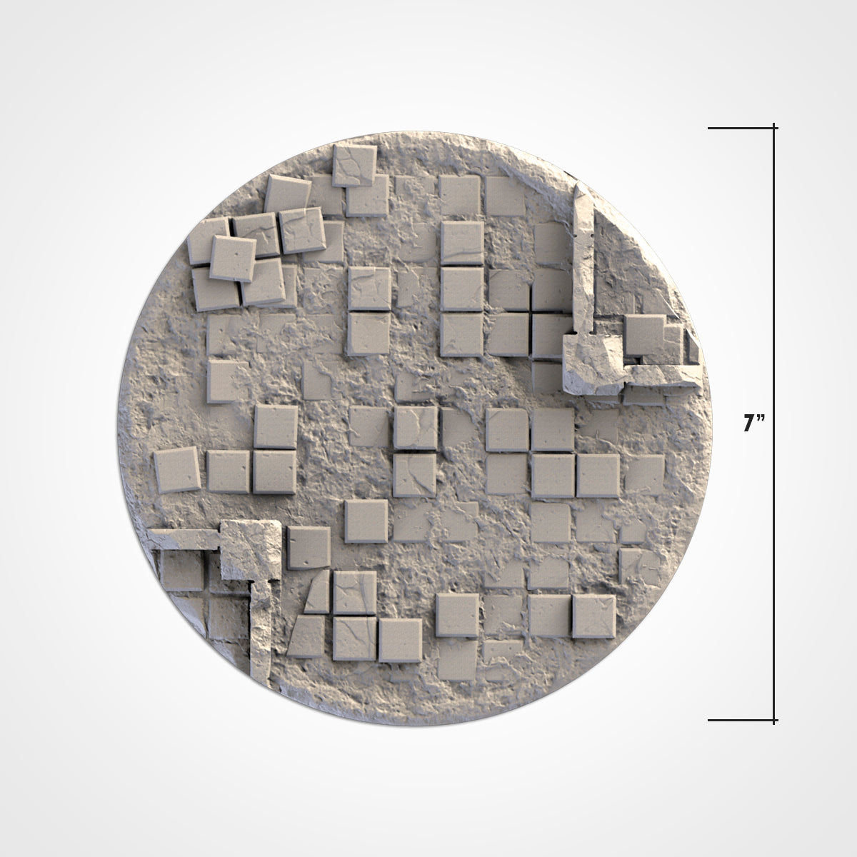 A 3D rendering of a circular object composed of numerous small square tiles arranged in a grid-like pattern.