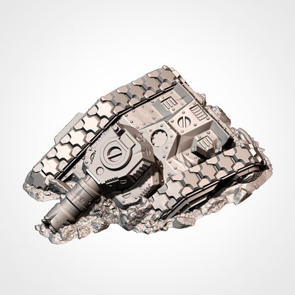 A 3D rendering of a metallic, geometric-patterned object resembling a tank or armored vehicle, with various mechanical components and features visible.