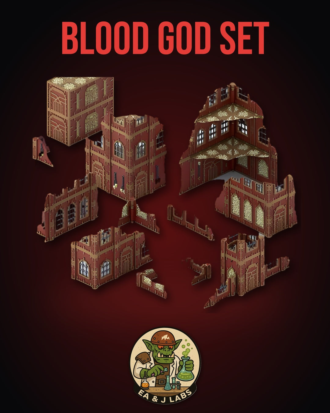 The image is a promotional poster for a "Blood God Set" featuring a collage of various damaged and destroyed buildings, along with a green-skinned, green-haired, and green-wearing character.