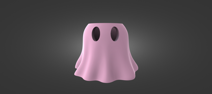 A pink ghost with two holes on its head is standing against a dark background.