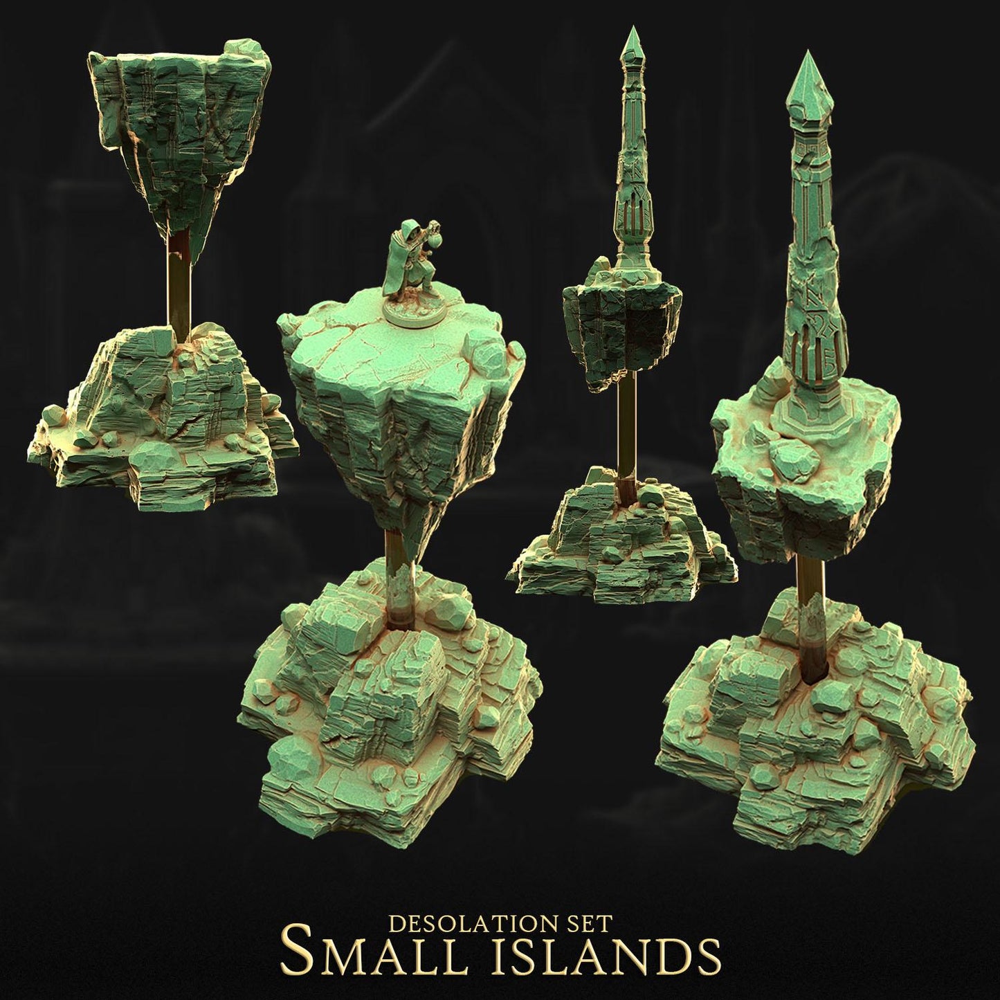 four small islands, each with a unique design and structure, set against a dark background.