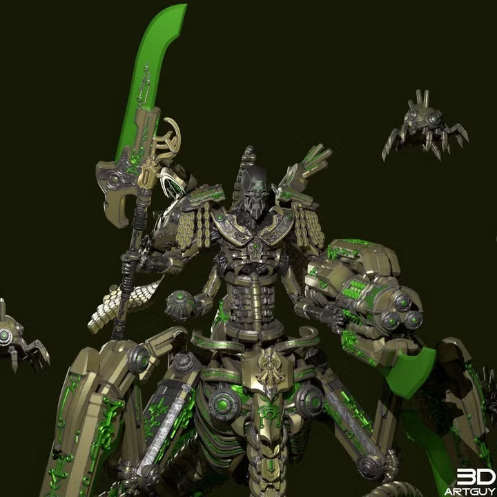 Front three-quarter view of the Ancient Annihilator Commander and its weapons