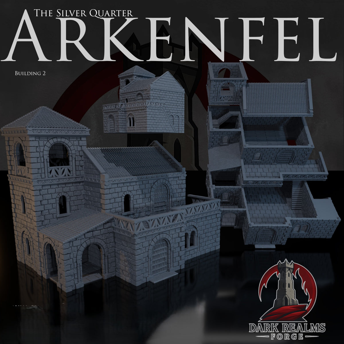 Arkenfel Silver Quarter Building 2 fantasy tabletop terrain, exterior and cutaway views