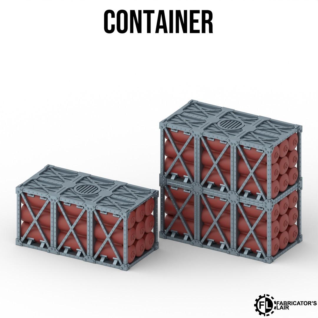 two metal containers stacked on top of each other, with red cylindrical objects inside them. The containers appear to be designed for storage or transportation purposes.
