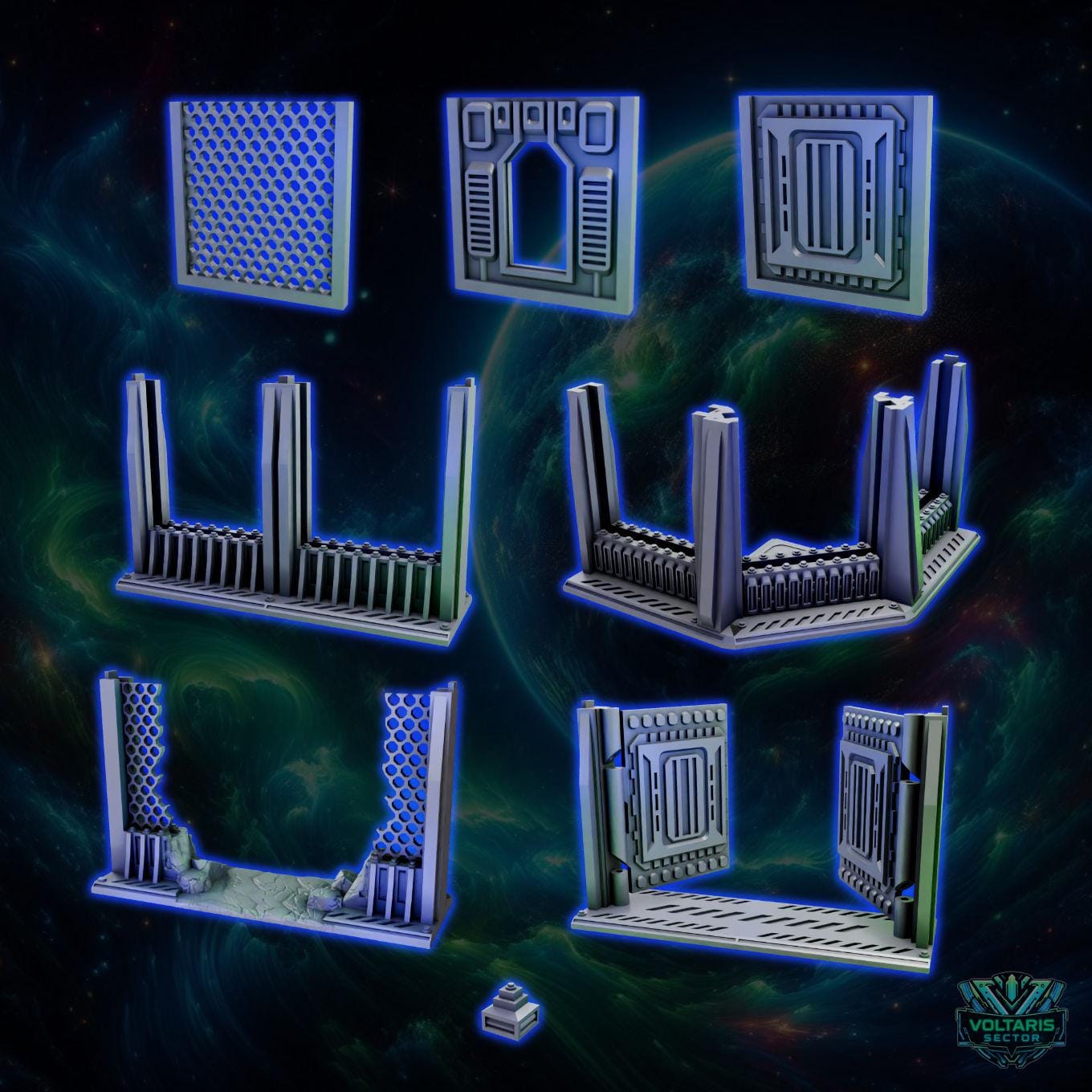 various 3D models or designs of futuristic structures, including cubes, rectangles, and other geometric shapes, set against a dark, cosmic background.