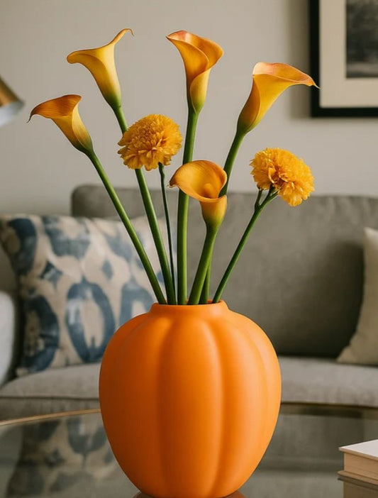 An orange vase filled with yellow flowers sits on a glass table in a living room.