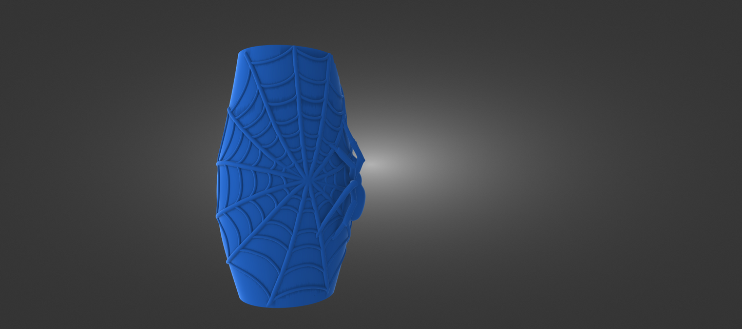 A blue, spider-like object with a web-like pattern on it, standing alone against a dark background.