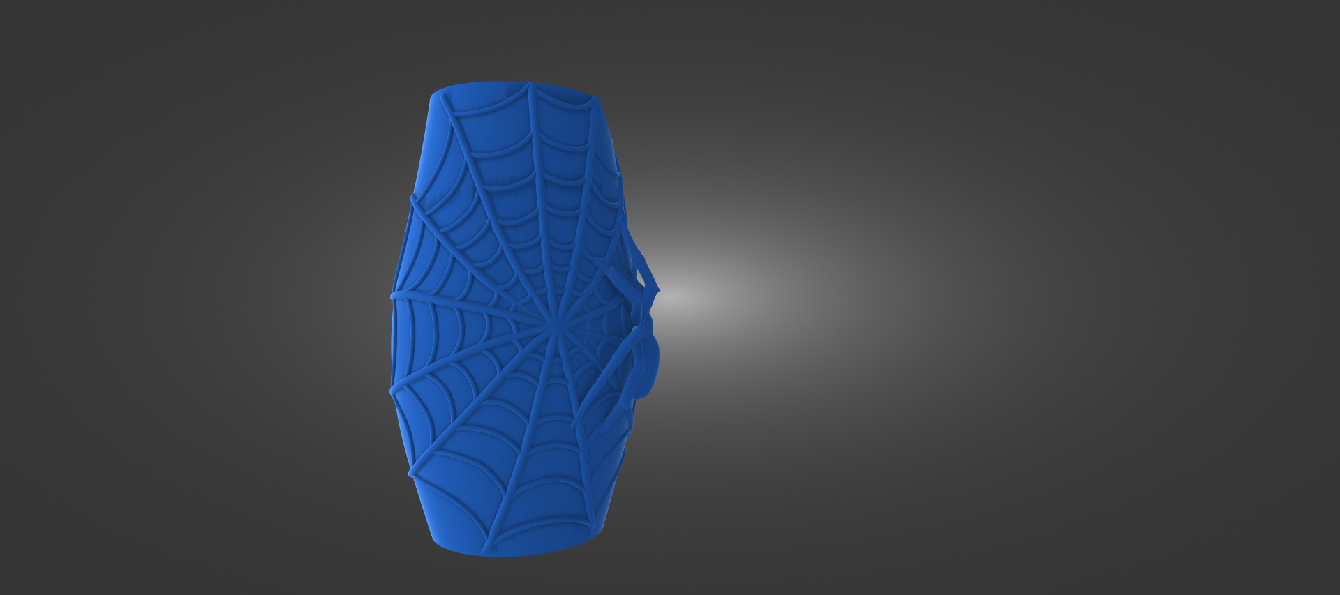 A blue, spider-like object with a web-like pattern on it, standing alone against a dark background.