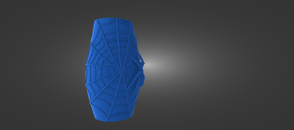 A blue, spider-like object with a web-like pattern on it, standing alone against a dark background.