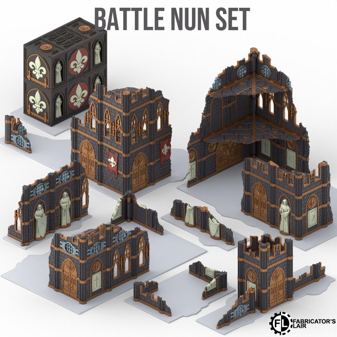 various pieces of a battle nun set, including a large black and brown structure, smaller pieces, and a black and brown structure. The set appears to be a collection of miniature models or components that can be assembled to create a larger, complete set.