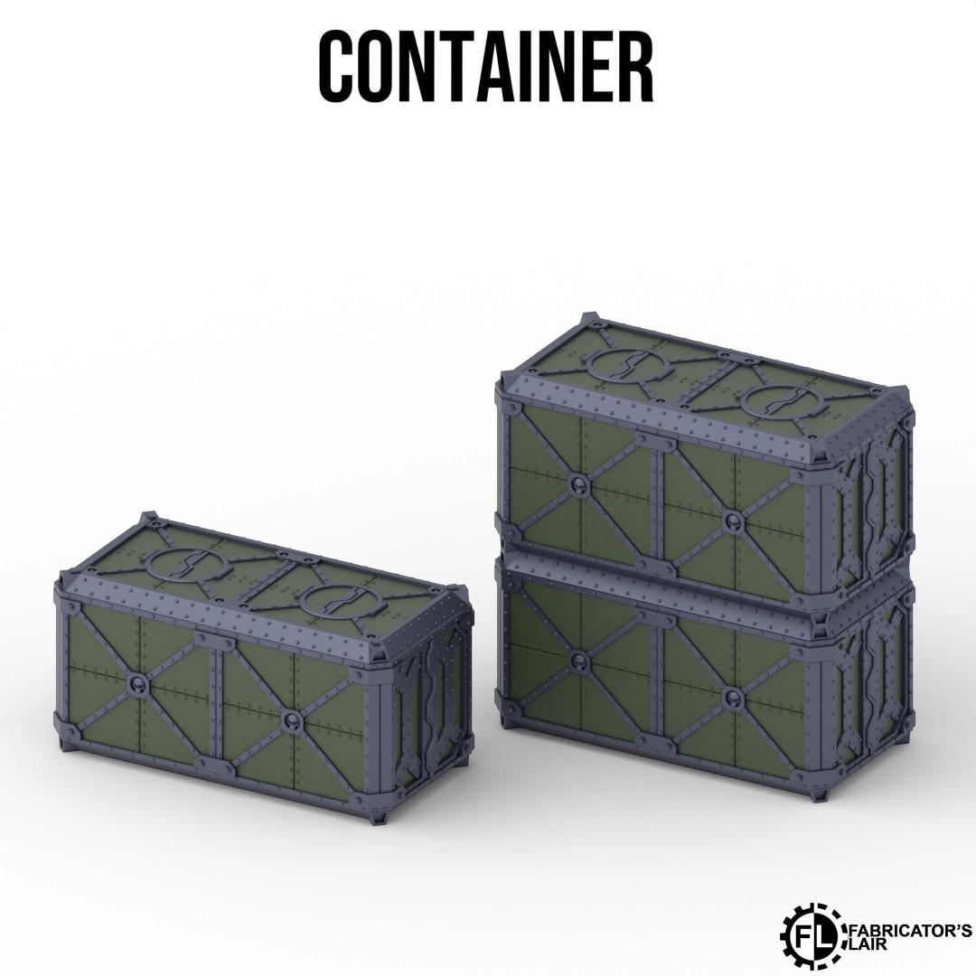 three military-style containers, each with a unique design and color scheme. The containers appear to be made of metal and have a futuristic, industrial aesthetic.
