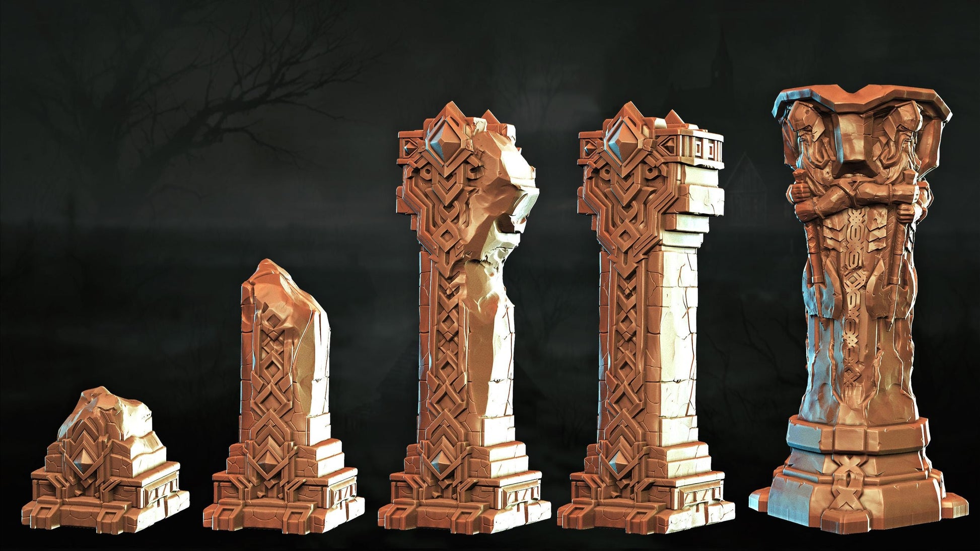 A collection of five ornate, golden-colored stone pillars or statues, each with intricate designs and patterns, arranged in a row against a dark background.
