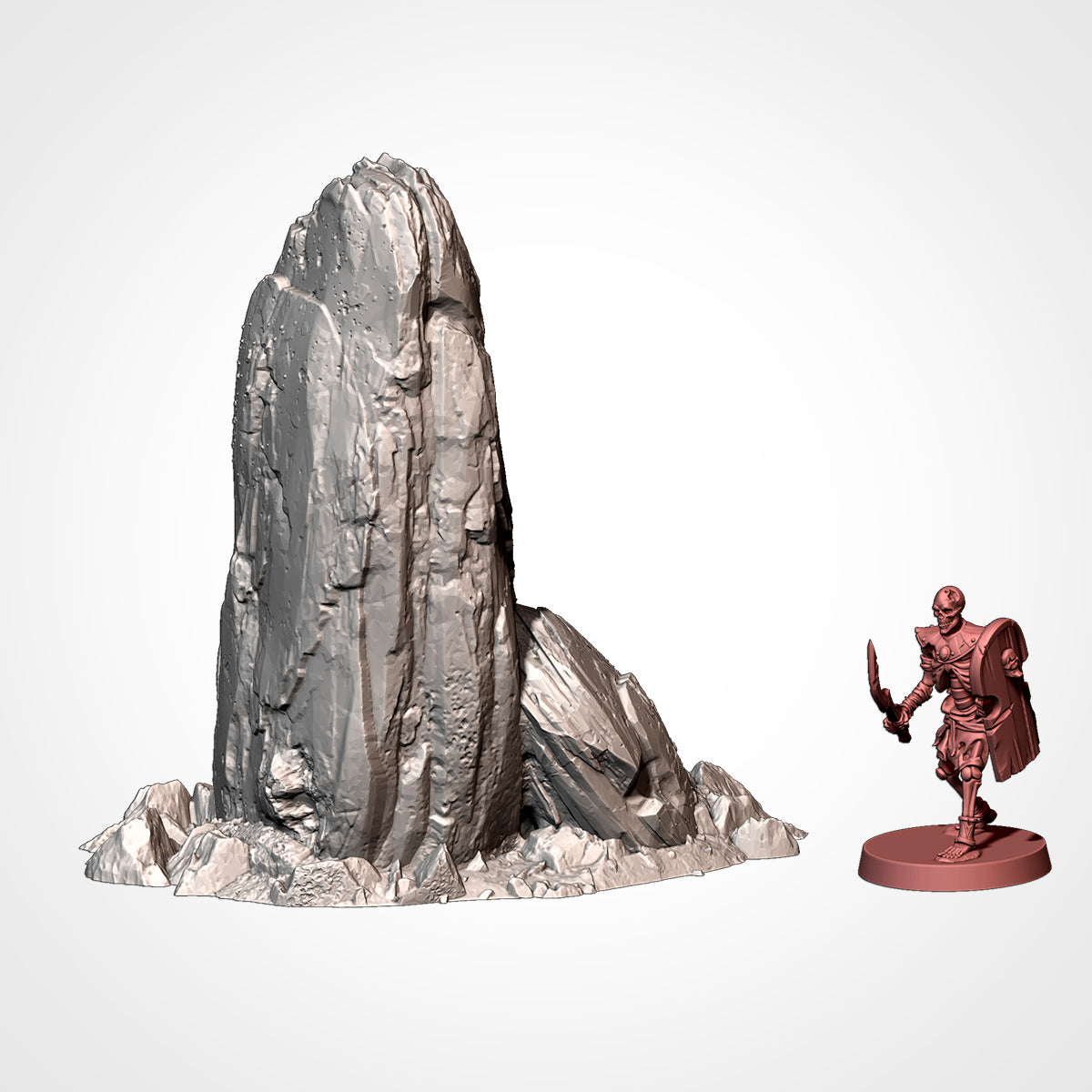 A 3D rendering of a large gray rock formation and a small figurine of a warrior standing next to it.