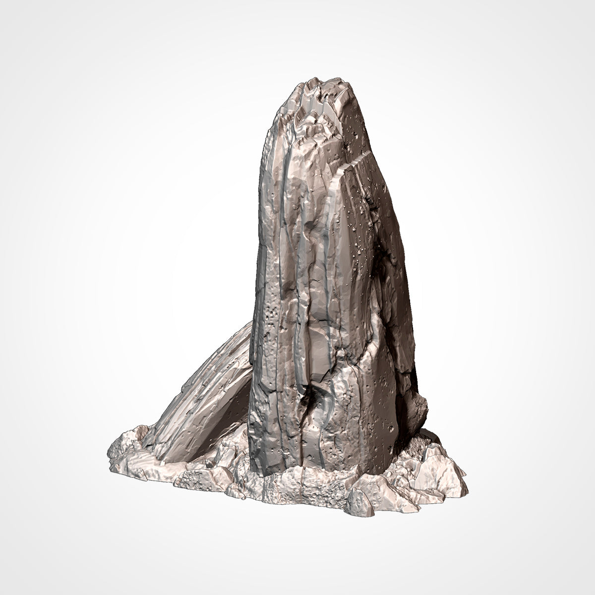 A 3D rendering of a large, jagged rock formation with a rough, textured surface.