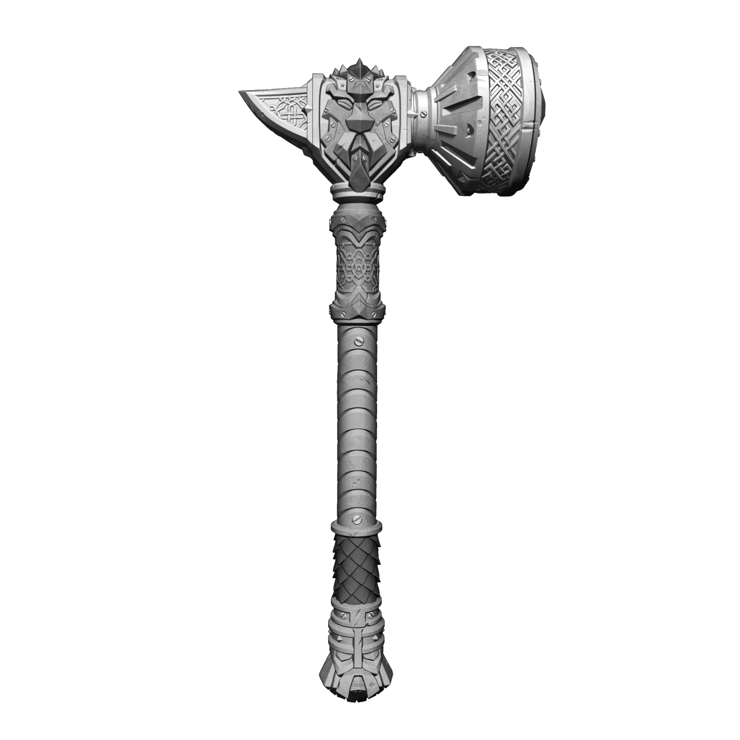 A detailed 3D rendering of a large, ornate hammer with intricate designs and patterns on its surface.
