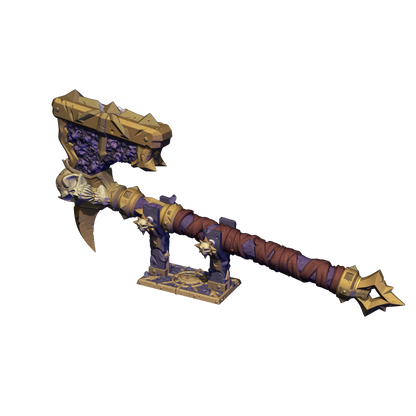A 3D rendering of a large, ornate weapon with a curved blade and a pointed tip, featuring intricate designs and patterns in gold and purple colors.