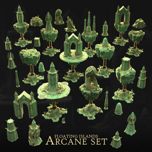 The image is a collection of various floating islands, including floating islands, floating structures, and floating platforms, all set against a dark background.