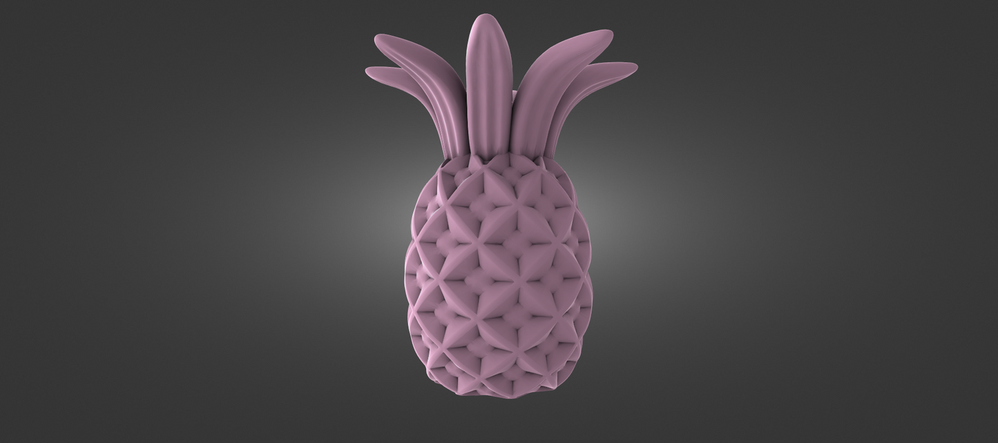 A 3D rendering of a pink pineapple with a textured surface and pointed top.