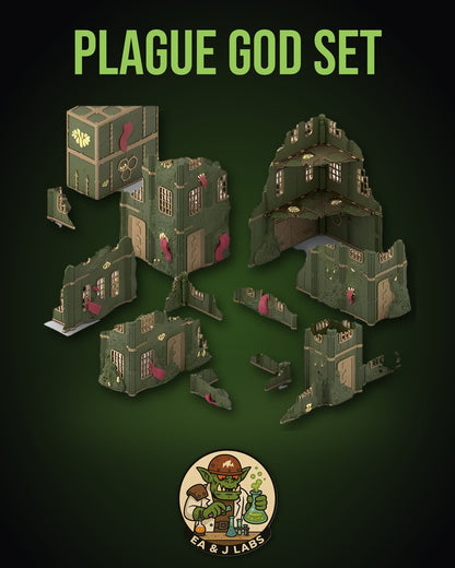 The image is a promotional poster for a "Plague God Set" featuring a green, castle-like structure with various elements such as a tower, a bridge, and a laboratory.