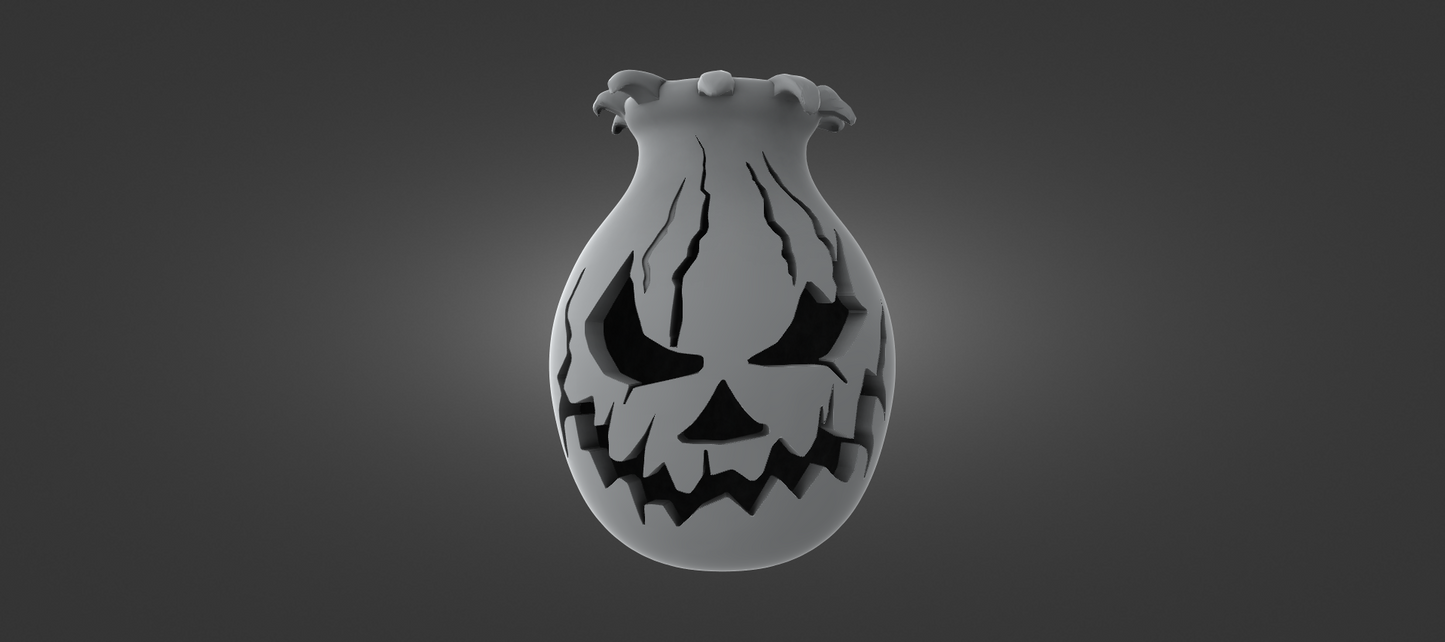 A 3D rendering of a Halloween-themed vase with a spooky, carved face design.