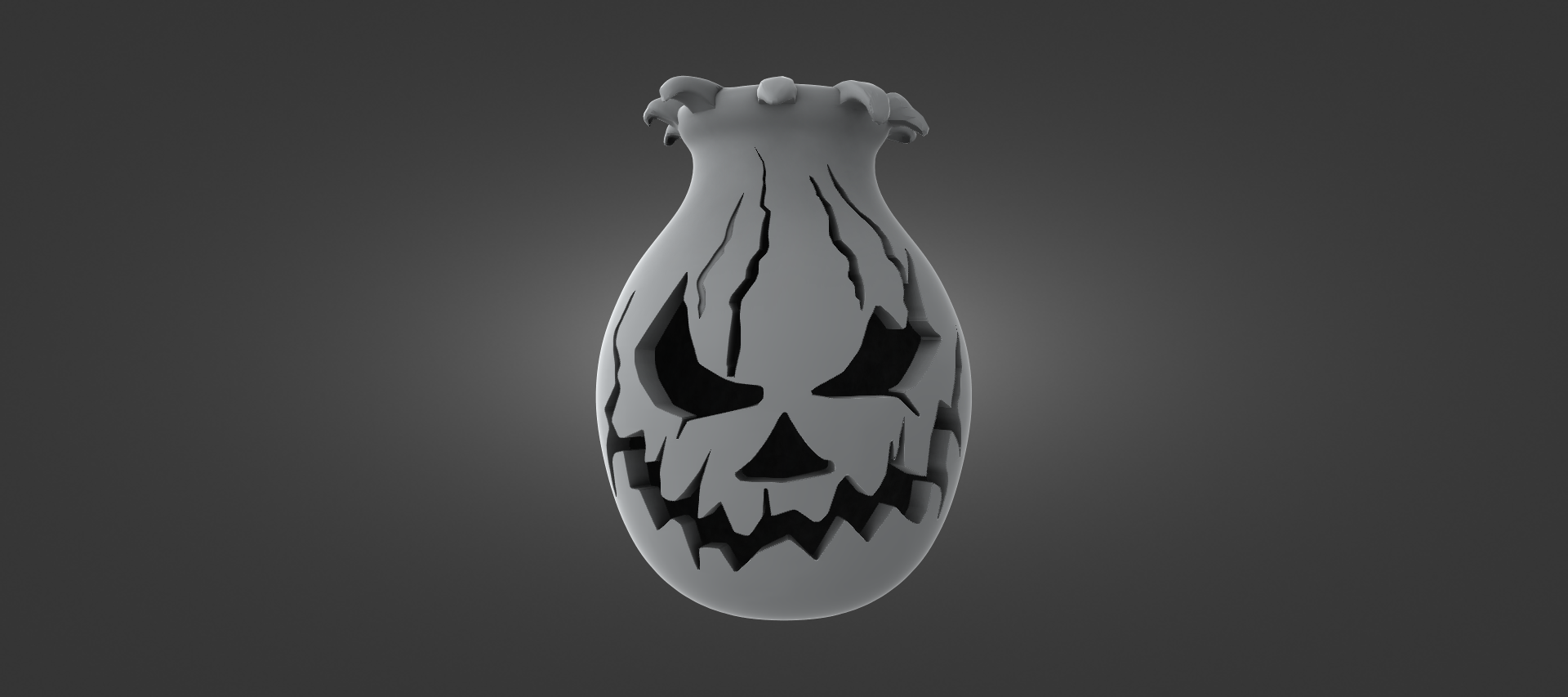 A 3D rendering of a Halloween-themed vase with a spooky, carved face design.
