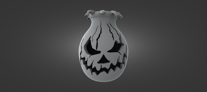 A 3D rendering of a Halloween-themed vase with a spooky, carved face design.