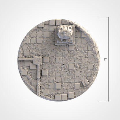 The image is a 3D rendering of a circular object with a square grid pattern, featuring a small square-shaped object in the center.