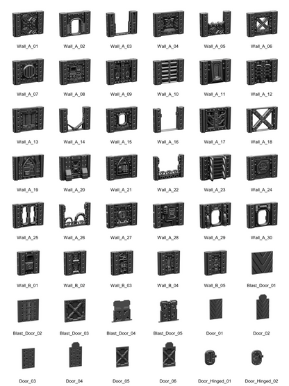 a collection of various black and gray metallic objects, including doors, hinges, and other metallic components. The objects appear to be part of a larger set or collection, but the exact number of objects cannot be determined without more specific information. The objects are not described in detail, and the image does not contain any text that can be transcribed.