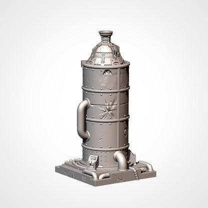 A 3D rendering of a metallic cylindrical object with a dome-shaped top, featuring various mechanical and industrial-looking elements.