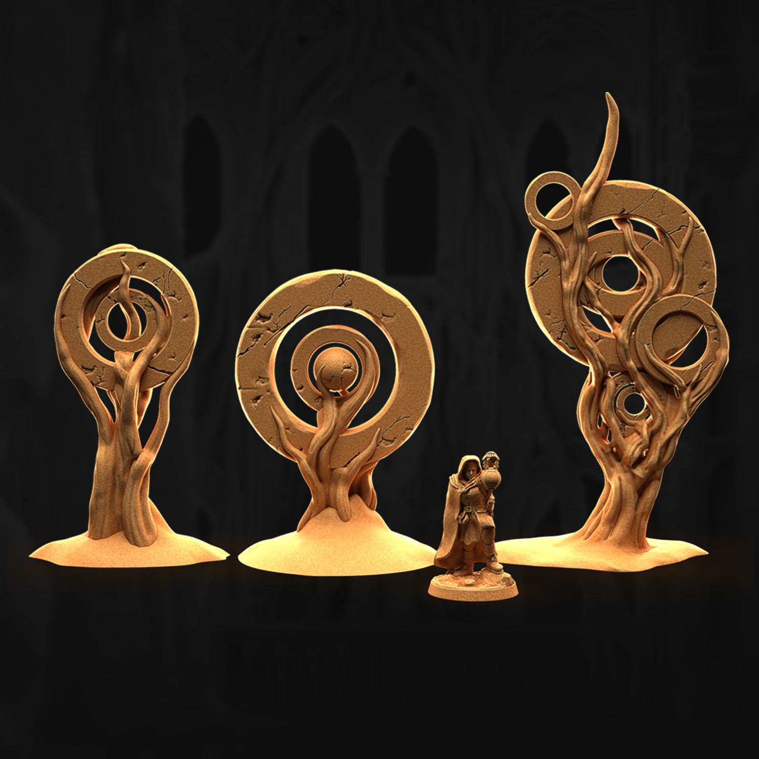 a group of sculptures sitting on top of a table