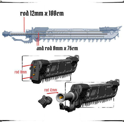 a detailed 3D rendering of a futuristic weapon, including its various components and dimensions. The weapon appears to be a large, metallic sword with multiple blades and a handle. The image provides a comprehensive view of the weapon's design and features, including the rod measurements and the overall length of the sword.