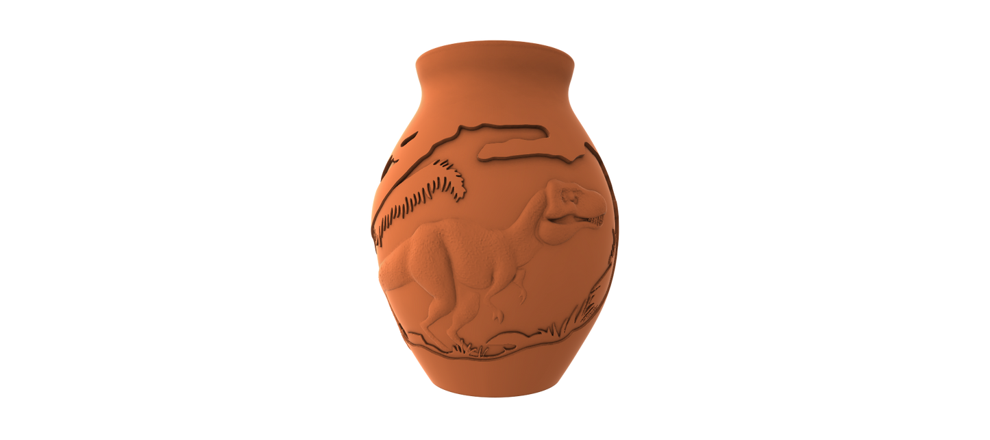 A 3D rendered image of a vase with an embossed design depicting a dinosaur or prehistoric creature.