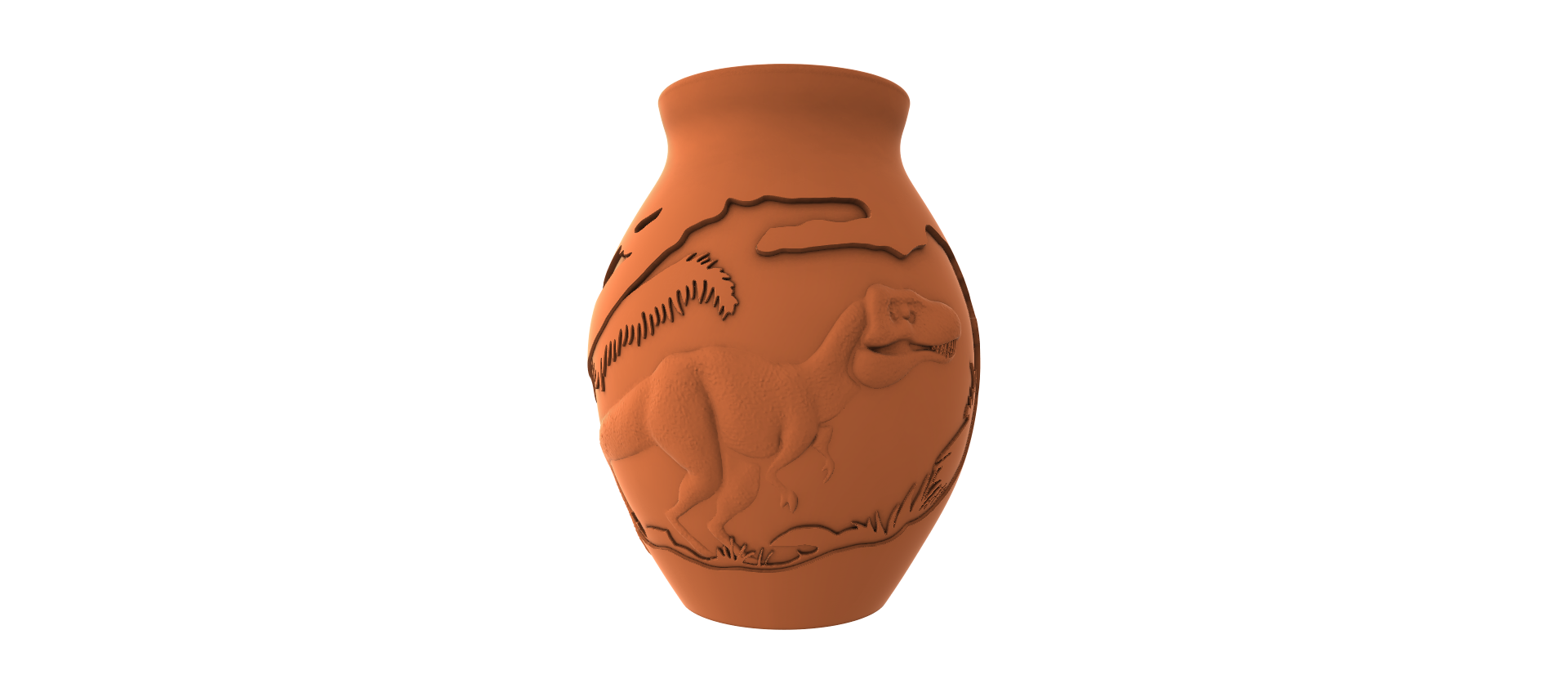 A 3D rendered image of a vase with an embossed design depicting a dinosaur or prehistoric creature.