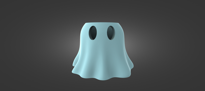 A light blue ghost with two holes on its head is standing against a dark background.