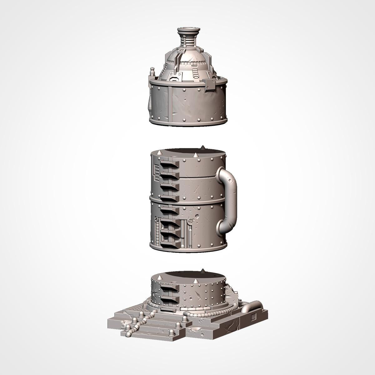 A 3D rendering of a metallic object with a cylindrical body, a conical top, and a handle, all set against a plain white background.