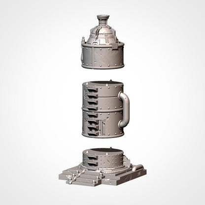 A 3D rendering of a metallic object with a cylindrical body, a conical top, and a handle, all set against a plain white background.