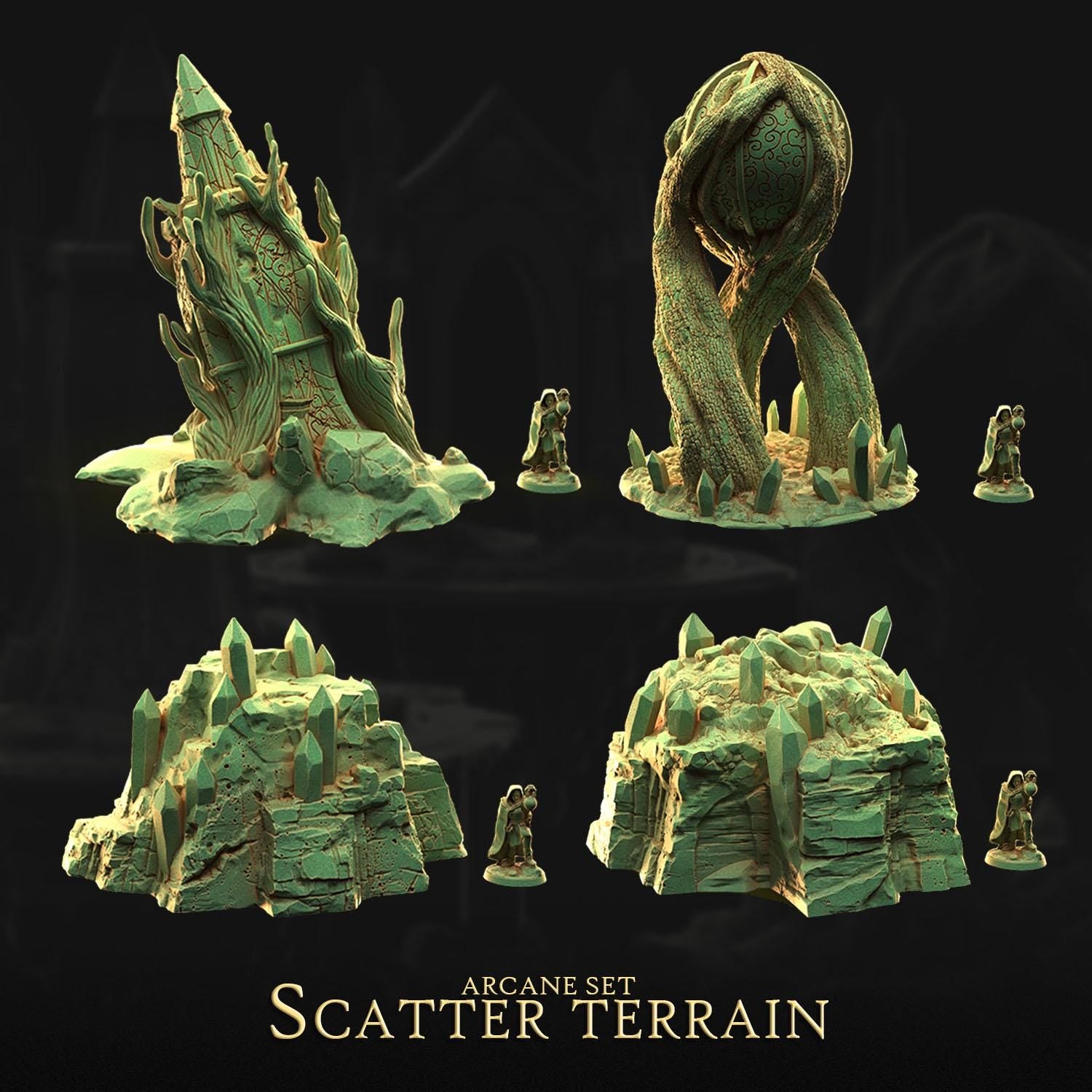 a set of four fantastical, organic-looking sculptures or figurines, each with unique shapes and designs, set against a dark background. The sculptures appear to be part of an Arcane Set called "Scatter Terrain".