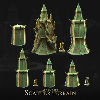 a collection of green, pyramid-shaped structures with intricate designs, likely representing a set of objects or artifacts from the "Scatter Terrain" video game.