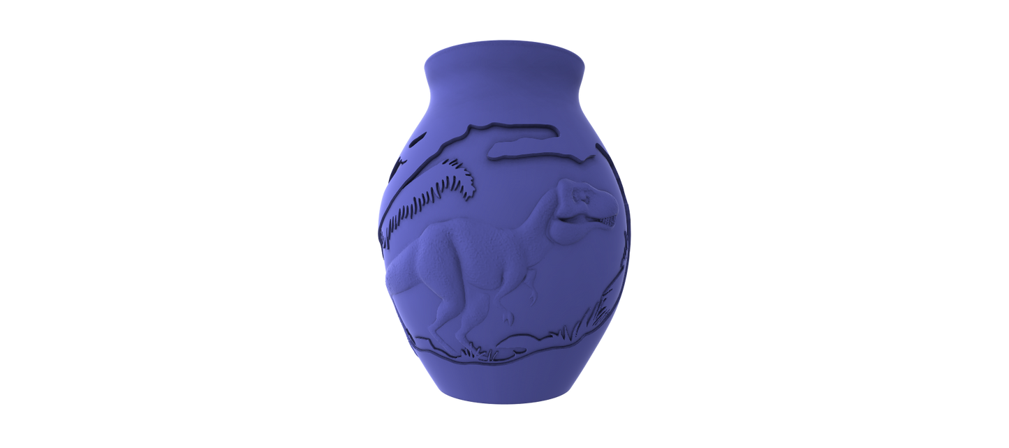 A 3D rendering of a vase with a dinosaur design on it, set against a black background.