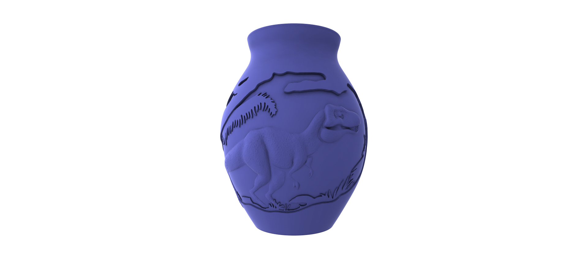 A 3D rendering of a vase with a dinosaur design on it, set against a black background.