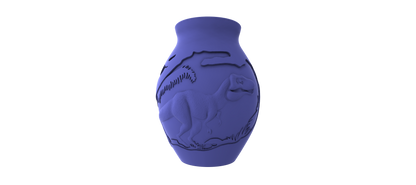 A 3D rendering of a vase with a dinosaur design on it, set against a black background.