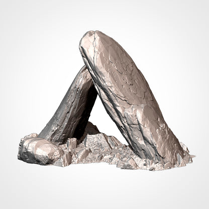 A 3D rendering of a rocky formation, with two large, jagged rocks positioned on a bed of smaller rocks.