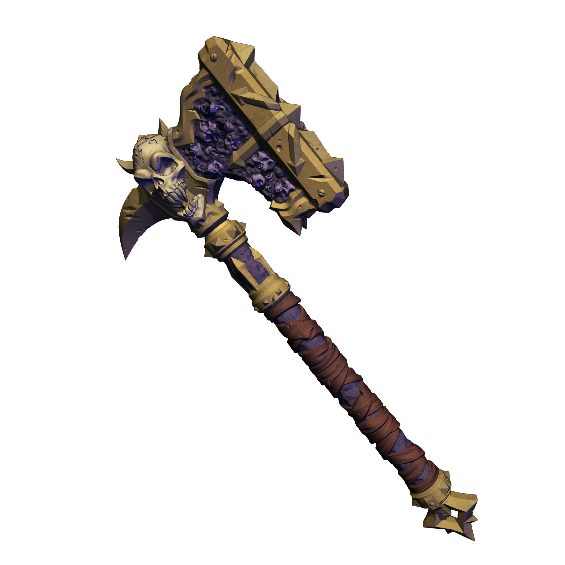 A highly detailed and ornate fantasy weapon, possibly a sword or axe, with intricate designs and patterns. The weapon appears to be made of metal and has a pointed end, suggesting it is designed for combat or battle.