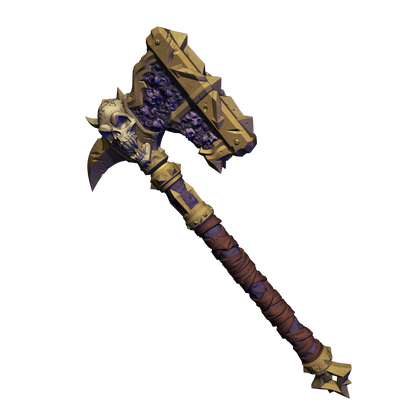 A highly detailed and ornate fantasy weapon, possibly a sword or axe, with intricate designs and patterns. The weapon appears to be made of metal and has a pointed end, suggesting it is designed for combat or battle.