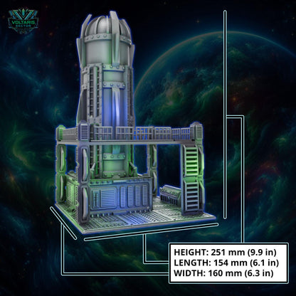 a futuristic, metallic structure with a dome-shaped tower, set against a backdrop of a planet and a starry sky.