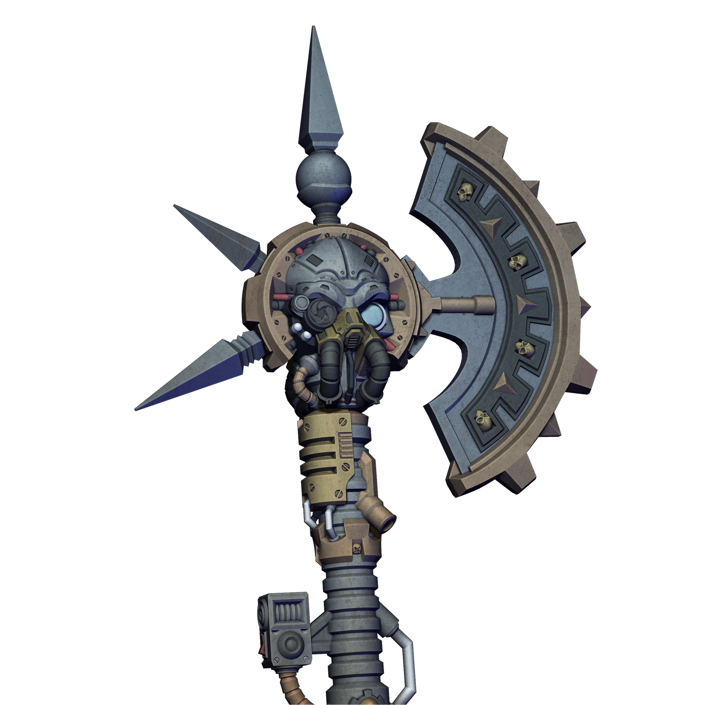 A 3D rendering of a futuristic-looking weapon with a pointed top, a circular shield, and various mechanical components.