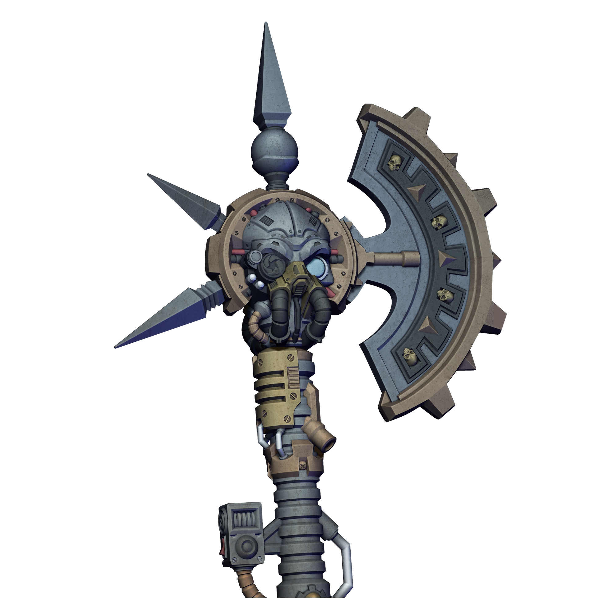 A 3D rendering of a futuristic-looking weapon with a pointed top, a circular shield, and various mechanical components.