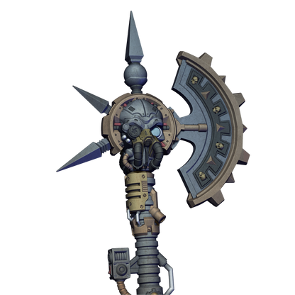 A 3D rendering of a futuristic-looking weapon with a pointed top, a circular shield, and various mechanical components.