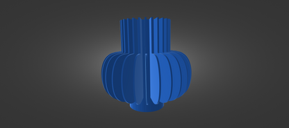 A 3D rendering of a blue, cylindrical object with a textured surface and a pointed top, set against a dark background.