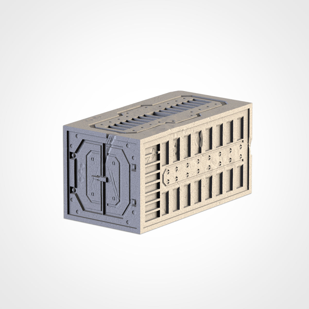 A 3D rendering of a metallic container with a complex, industrial-looking design.